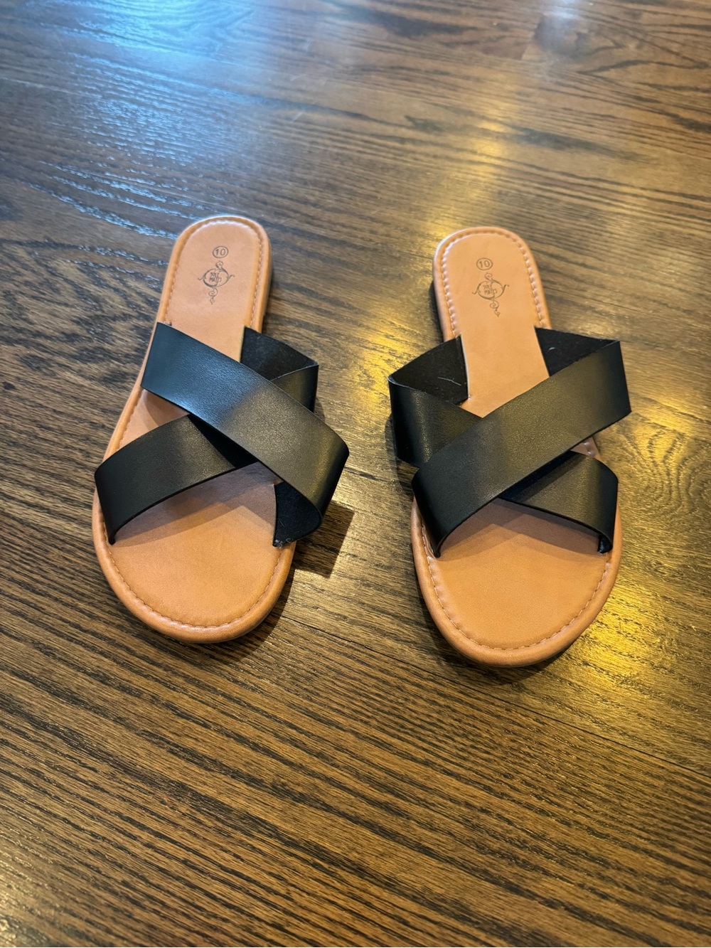 Black Cross-Strap Slide Sandals with Tan Footbed